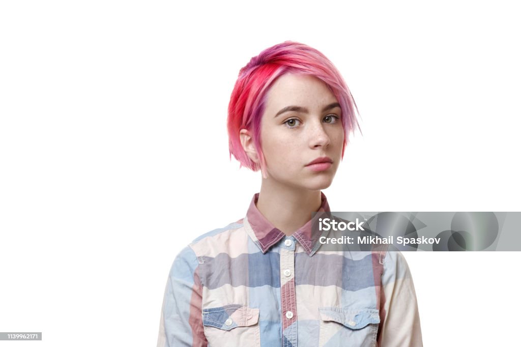 Young Beautiful Girl With A Short Hair Cut Pixie Bob Color Hair Coloring  Red Pink Color Shirt In A Cellar Casual Style Stock Photo - Download Image  Now - iStock