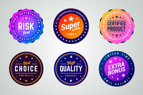 Set of premium colorful gradient vector badges. Set of colorful vector badges. Risk free, super quality, certified product, best choice, high quality and extra bonus badges. insignia stock illustrations