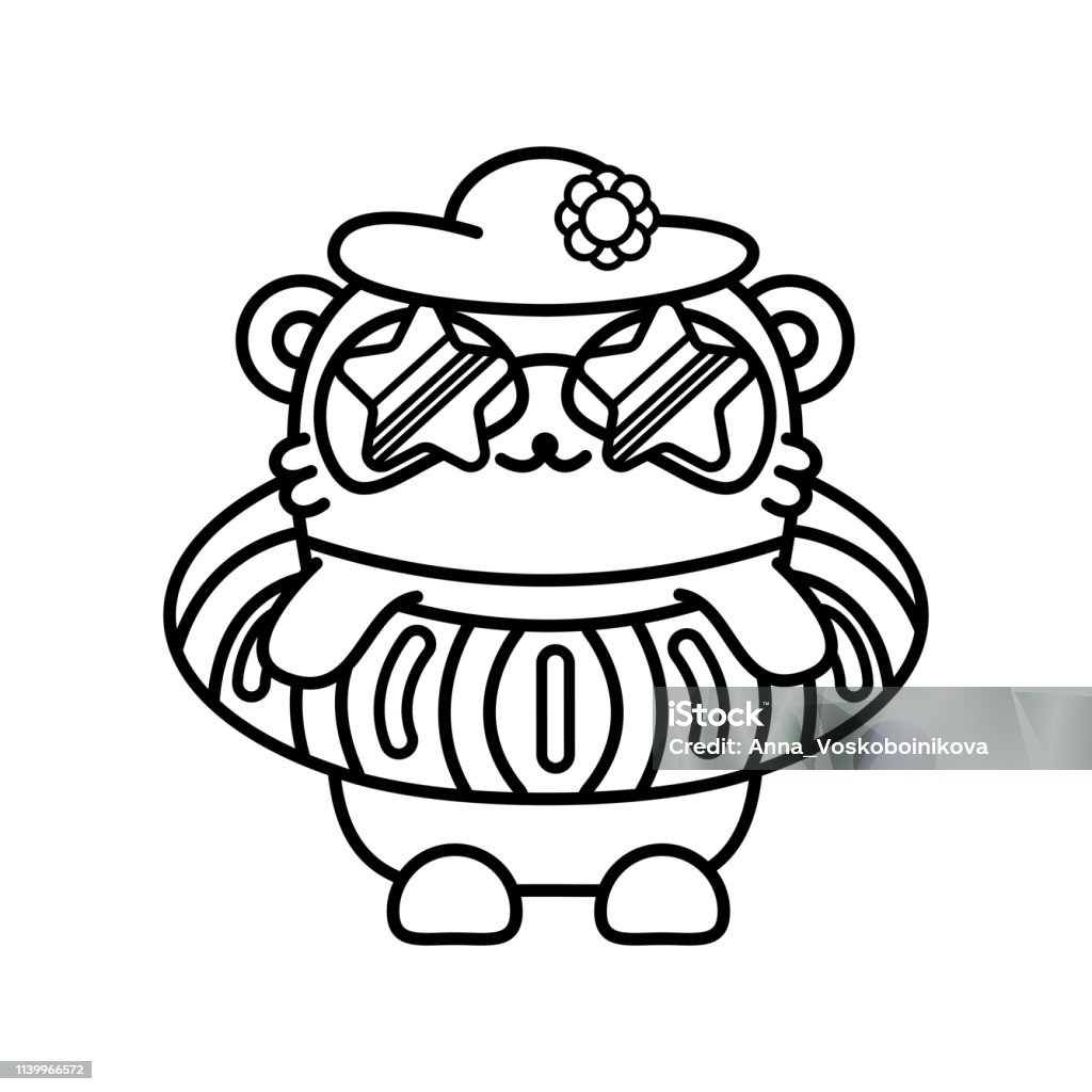Little cute panda in sunglasses and with an inflatable circle goes to the pool. Big wave on the sea. Vector illustration in linear style on white background. Emotions Kawai Bear. Coloring book page Coloring Book Page - Illlustration Technique stock vector