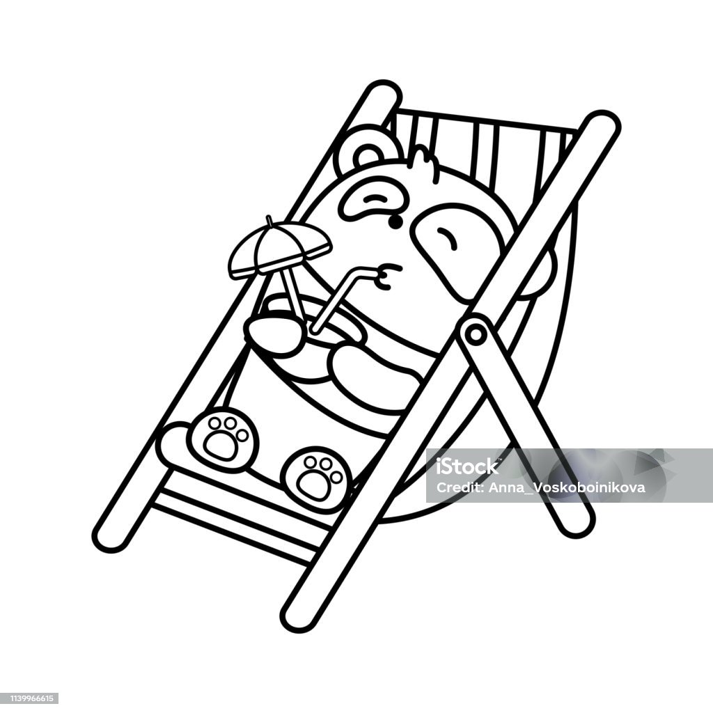 Little cute panda lies in the gamma and drinks a coconut cocktail. Vector outline illustration in linear style on white background. Kawai bear. Coloring book page Beach stock vector