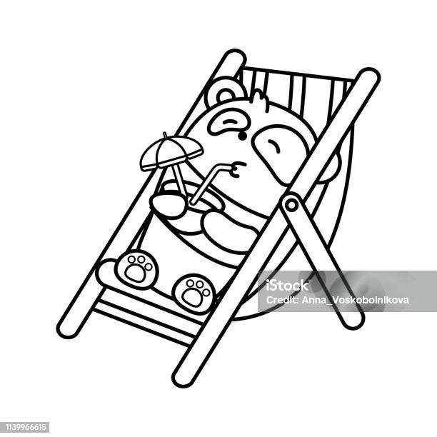 Little Cute Panda Lies In The Gamma And Drinks A Coconut Cocktail Vector Outline Illustration In Linear Style On White Background Kawai Bear Coloring Book Page Stock Illustration - Download Image Now