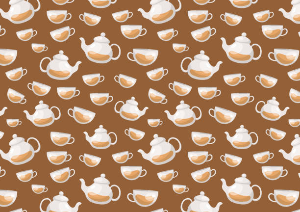 кофейные чашки. вектор бесшовный узор с кофейными символами. коричневый фон - seamless croissant pattern ice stock illustrations