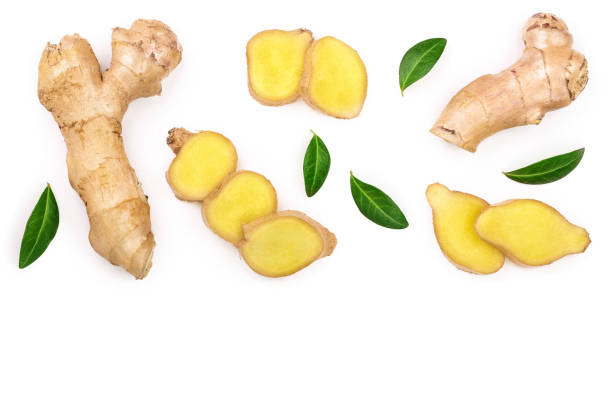 istock fresh Ginger root and slice isolated on white background with copy space for your text. Top view. Flat lay 1139967514