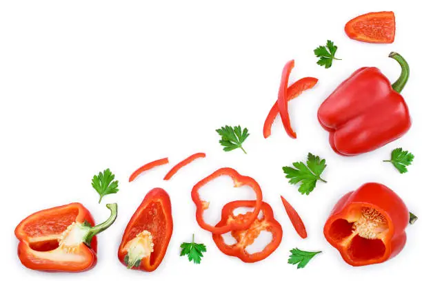 red sweet bell pepper isolated on white background with copy space for your text. Top view. Flat lay.