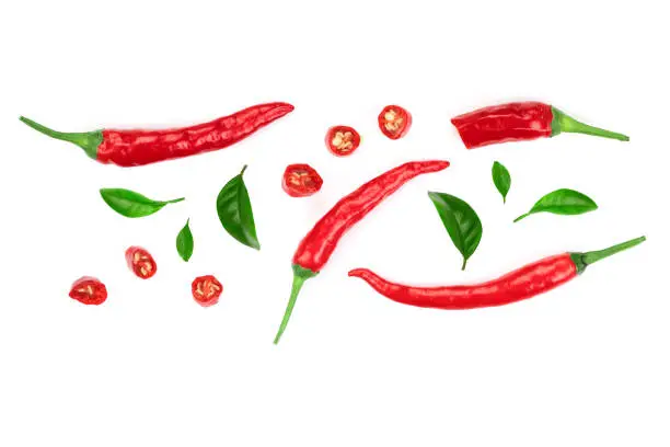 red hot chili peppers isolated on white background with copy space for your text. Top view. Flat lay pattern.