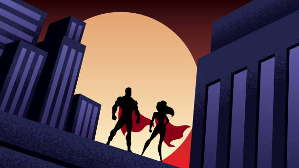 Superhero Couple City Night Superhero couple watching over the city from the roof of a tall building at night. superhero stock illustrations