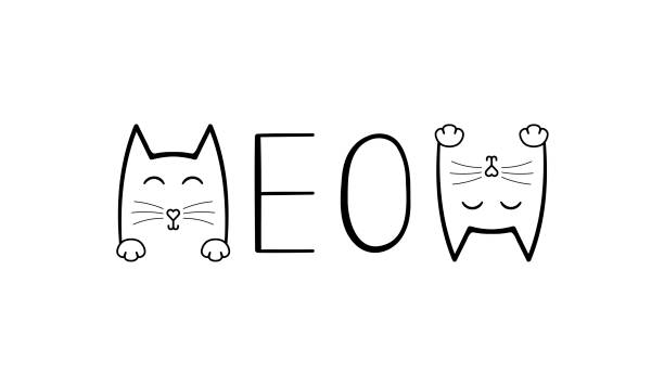 illustrations, cliparts, dessins animés et icônes de graphique de chat mignon. lettrage écriture meow. slogan de typographie pour l’impression de t-shirt, slogan tees, impressions de mode, affiches, cartes, autocollants - miaulement