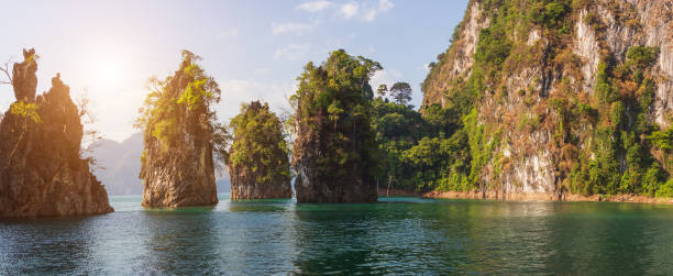 amazing wild nature of asia. cheow lan lake, khao sok national park, thailand. - thailand heaven tropical rainforest forest imagens e fotografias de stock