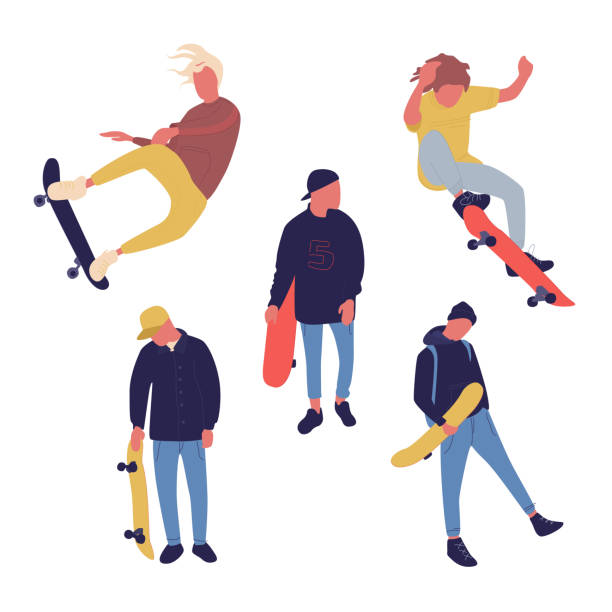 ilustraciones, imágenes clip art, dibujos animados e iconos de stock de el grupo de ilustración de hombres con skateboard está haciendo un movimiento diferente. cultura de los adolescentes. - skateboarding