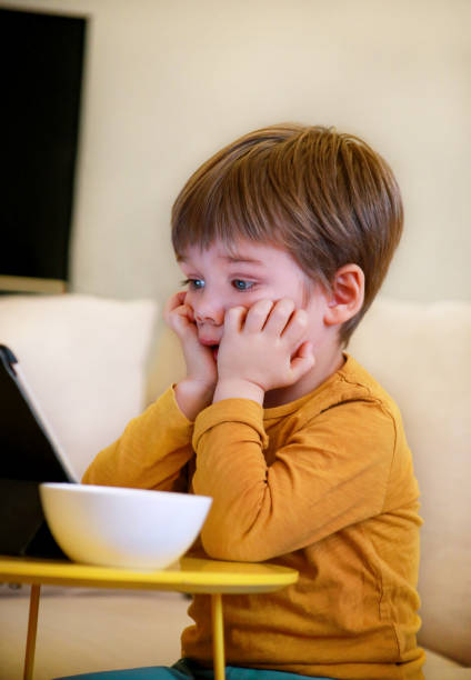 istock Child using tablet pc on bed at home. Cute boy on sofa is watching cartoon, playing games and learning from laptop. Education, fun, leisure, happiness, modern computer technology and communication. 1139985359