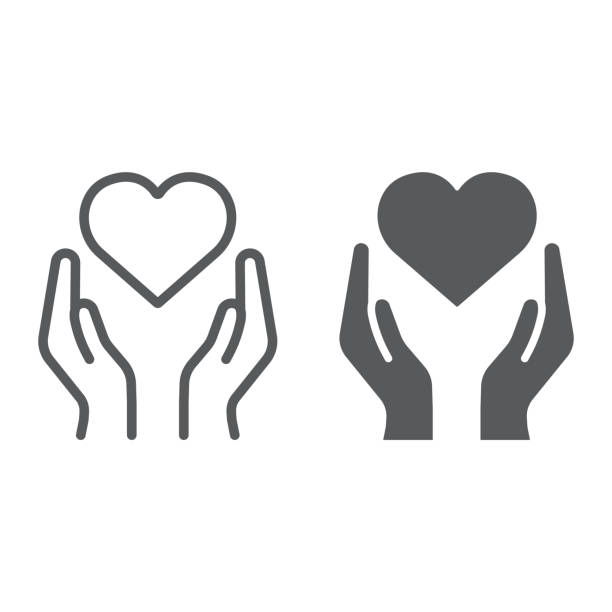 ilustrações de stock, clip art, desenhos animados e ícones de heart in hands line and glyph icon, love and care, arms with heart sign, vector graphics, a linear pattern on a white background. - hands holding