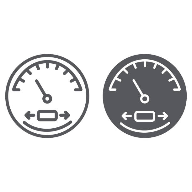 linia prędkościomierza i ikona glifów, samochód i panel, znak obrotomierza, grafika wektorowa, wzór liniowy na białym tle. - speedometer hyphen number speed stock illustrations