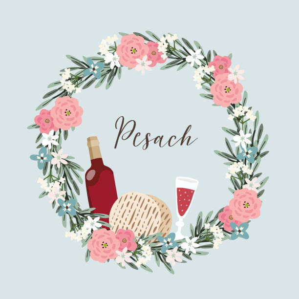 유대인의 휴일 pesach, 유월 절 인사말 카드. 손으로 그린 꽃 화 환 와인의 병, 유리, 집을 빵, 올리브 가지와 꽃. 코 셔 음식과 음료. 벡터 일러스트 레이 션 배경입니다. - matzo passover cracker unleavened bread stock illustrations