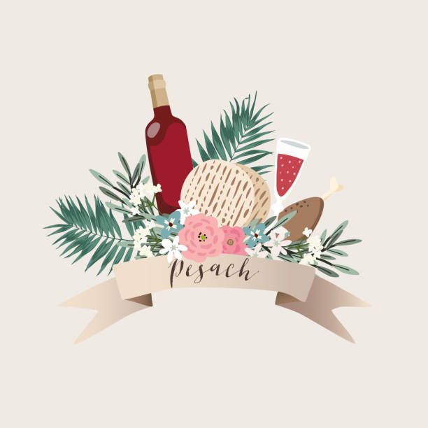 Jewish holiday Pesach, Passover greeting card. Hand drawn ribbon banner with bottle of wine, matzo bread, palm leaves, olive branches and flowers. Kosher food and drink. Vector illustration background. Jewish holiday Pesach, Passover greeting card. Hand drawn ribbon banner with bottle of wine, matzo bread, palm leaves, olive branches and flowers. Kosher food and drink. Vector illustration background. passover stock illustrations