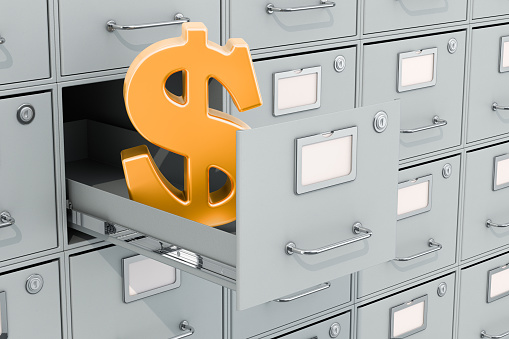 Dollar symbol in filing cabinet, 3D rendering