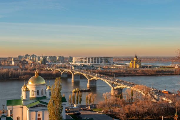 Cityscape and the bridge across river. Nizhny Novgorod, Russia stock photo