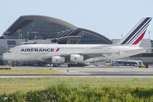 Image showing an Air France Airbus A380 taxiing by the Tom Bradley terminal at the Los Angeles International Airport, LAX.