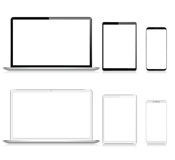 illustrazioni stock, clip art, cartoni animati e icone di tendenza di tablet digitale vettoriale realistico, telefono cellulare, smartphone e laptop. dispositivi digitali moderni. colore bianco e nero - ipad digital tablet computer monitor blank