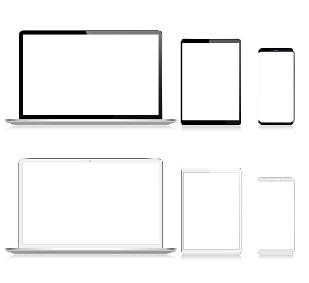 Realistic Vector Digital Tablet, Mobile Phone, Smart Phone and Laptop. Modern Digital Devices. Black and White color