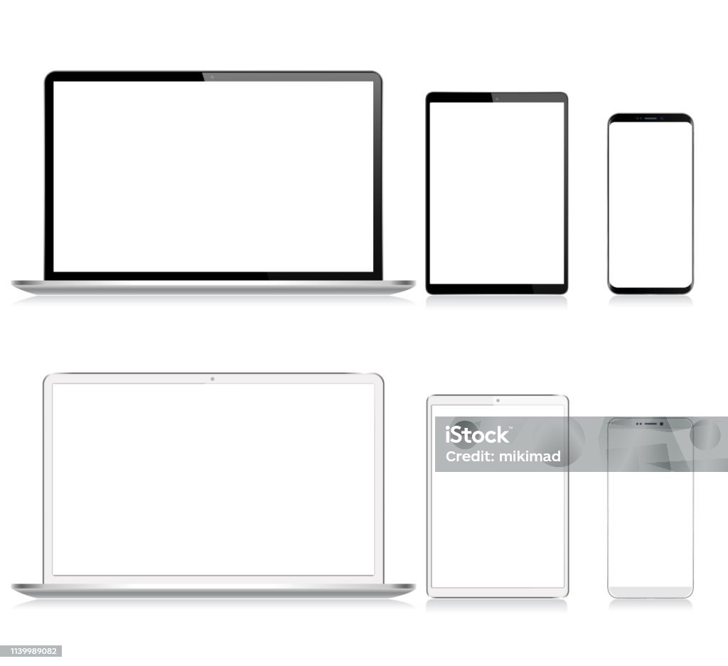 Realistic Vector Digital Tablet, Mobile Phone, Smart Phone and Laptop. Modern Digital Devices. Black and White color Laptop stock vector