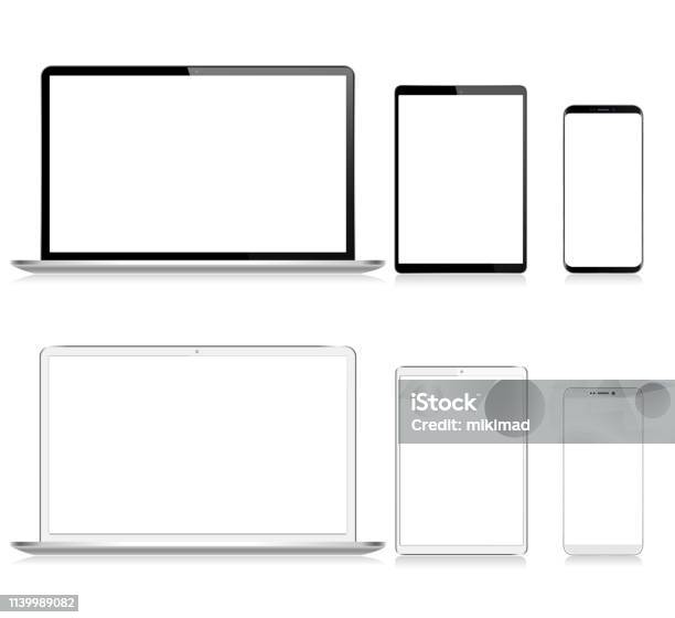 Realistic Vector Digital Tablet Mobile Phone Smart Phone And Laptop Modern Digital Devices Black And White Color Stock Illustration - Download Image Now