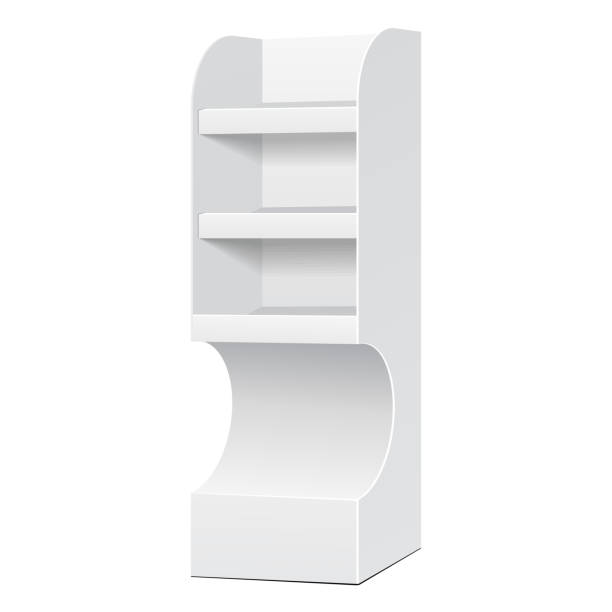 istock White POS POI Cardboard Floor Display Rack For Supermarket Blank Empty Displays With Shelves Products On White Background Isolated. Ready For Your Design. Product Packing. Vector EPS10 1139993919