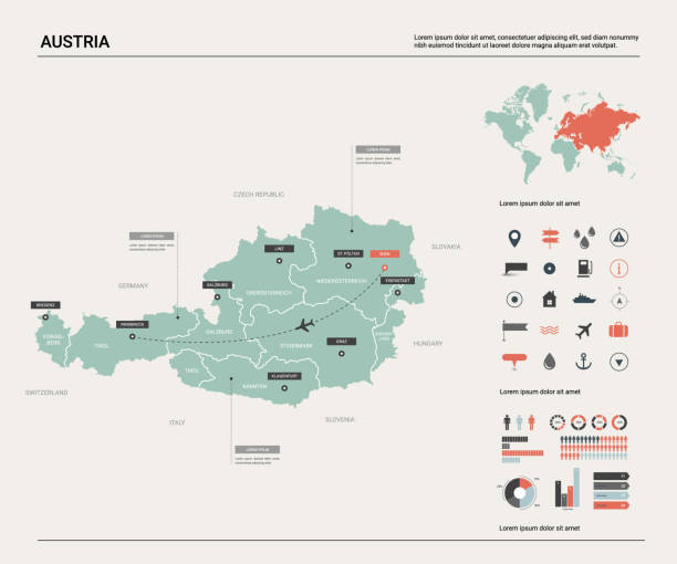 ilustrações de stock, clip art, desenhos animados e ícones de vector map of austria .  high detailed map with division, cities and capital vienna. political map,  world map, infographic elements. - austria vienna map horizontal