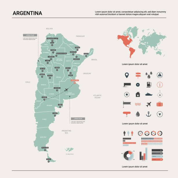 illustrations, cliparts, dessins animés et icônes de carte vectorielle de l’argentine. haute carte détaillée de pays avec la division, les villes et la capitale buenos aires. carte politique, carte du monde, éléments infographiques. - argentina