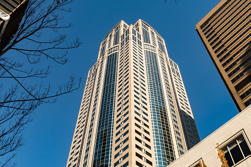 View of the 1201 Third Avenue Seattle skyscraper also known as Washington Mutual Tower in Seattle, Washington, USA.