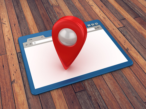 Web Browser with GPS Marker on Wood Floor Background  - 3D Rendering