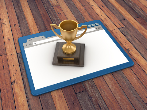 Web Browser with Trophy on Wood Floor Background  - 3D Rendering