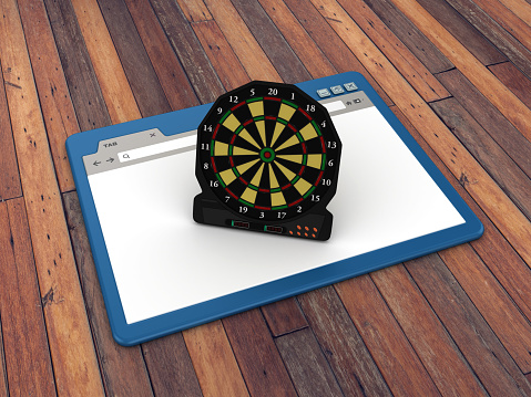 Web Browser with Electronic Dartboard on Wood Floor Background  - 3D Rendering