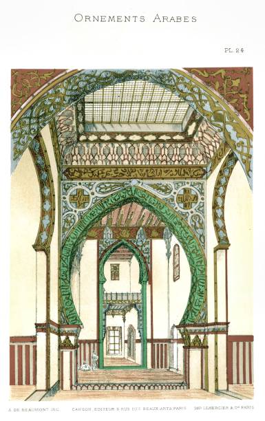 카이로의 모스크 알 ghuri의 내부. 아라비 안 장식품 1883 - egypt islam cairo mosque stock illustrations