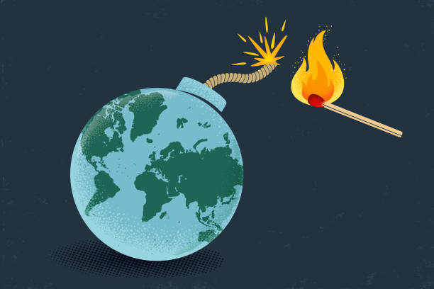 Earth like bomb with match Vector vintage poster of a bomb with World map and match in fire. Earth like bomb with match in fire. Peace. fuse cartoons stock illustrations