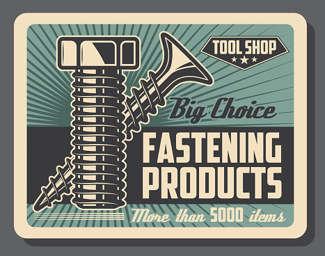 Fastening tools shop, bolts and screws, construction and repairs. Vector details and equipment, construction parts and fastener details, tool store. Fixing items, house and furniture renovation