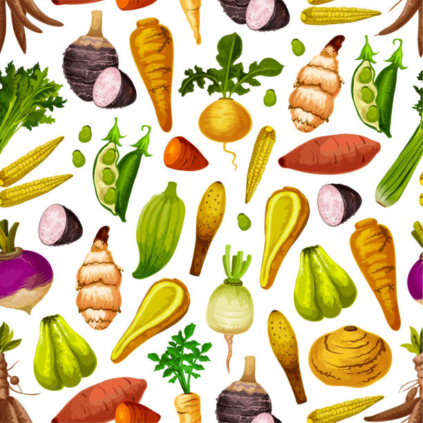 ilustraciones, imágenes clip art, dibujos animados e iconos de stock de las verduras y raíces vector sin costuras patrón - rutabaga