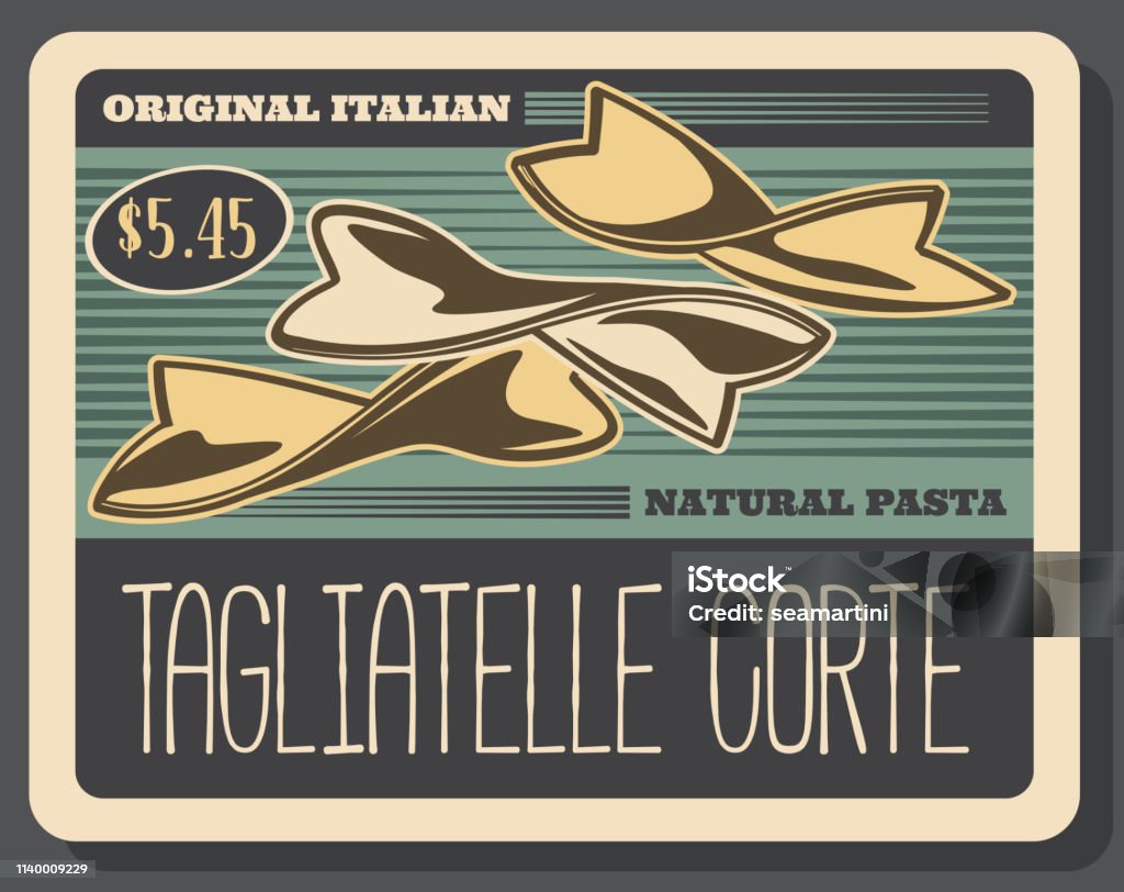 Tagliatelle corte italian pasta, vector Italian tagliatelle corte pasta, food design. Retro vector pastry made of wheat flour and dough. Cooking and culinary ingredient or garnish, bow shape pasta of thick sort Pasta stock vector