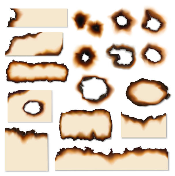 Paper burnt holes and scraps edges scorched Paper burnt holes vector realistic set. Paper pages and sheet scraps with fire burned or scorched edges, sides and holes burnt stock illustrations