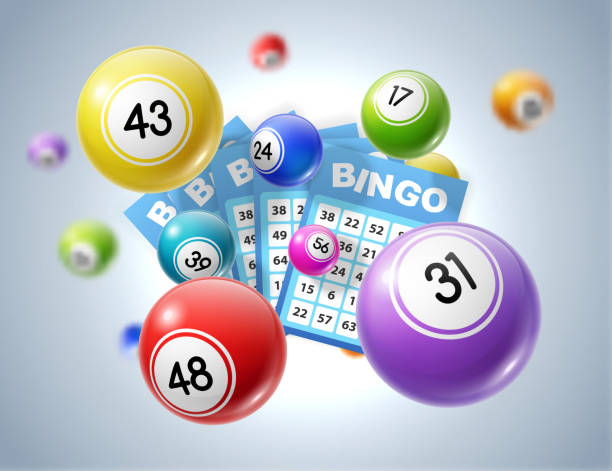 лото шары и лотерейные билеты с номерами - three dimensional yellow three dimensional shape luck stock illustrations