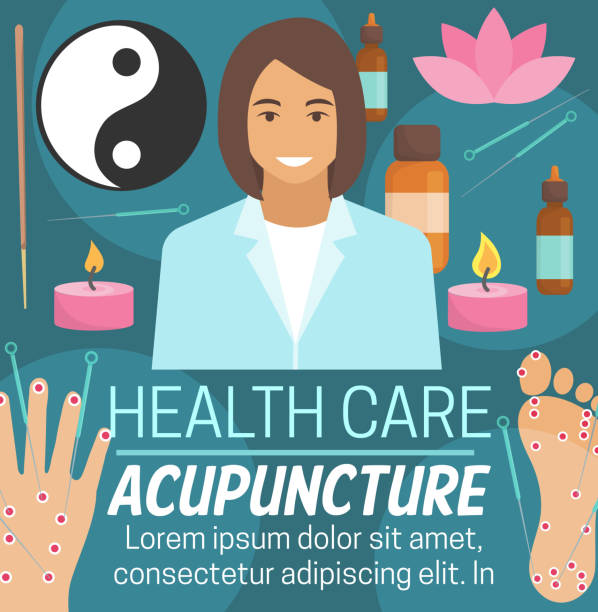 illustrazioni stock, clip art, cartoni animati e icone di tendenza di agopuntura medicina sanitaria alternativa - chinese medicine homeopathic medicine herbal medicine doctor