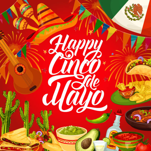 ilustraciones, imágenes clip art, dibujos animados e iconos de stock de cinco de mayo party sombrero, mexican guitar, food - circa 5th century illustrations