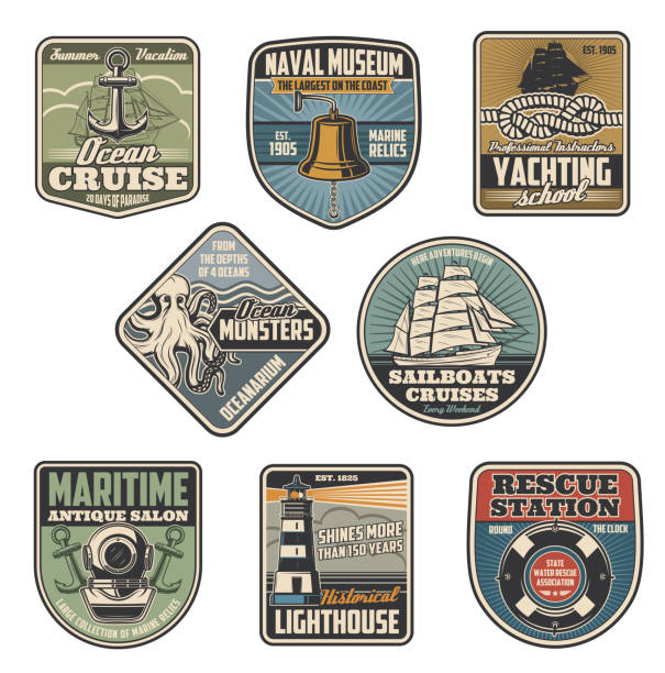 Marine icons, nautical heraldic anchor, lighthouse Marine icons and heraldic nautical symbols. Vector seafarer sailing badges of ship anchor, lifebuoy or lighthouse and diving aqualung with captain bell and ocean monster bellcaptain stock illustrations