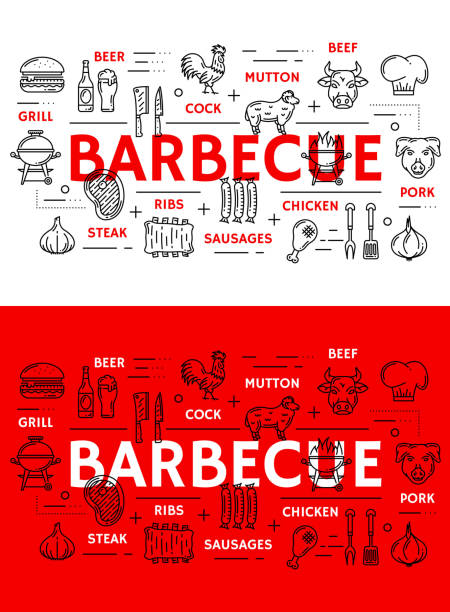 바베 큐 고기와 소시지 그릴 라인 아이콘 - butchers shop butcher meat delicatessen stock illustrations
