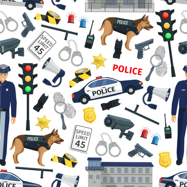 ilustrações, clipart, desenhos animados e ícones de crime da polícia e teste padrão sem emenda da lei - crime flashlight detective symbol