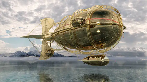 Golden Airship and Aircraft above a lake