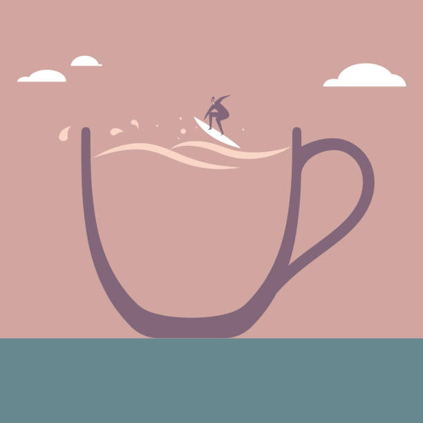 geschäftsmann surfen in kaffeetasse - surfing surf wave extreme sports stock-grafiken, -clipart, -cartoons und -symbole