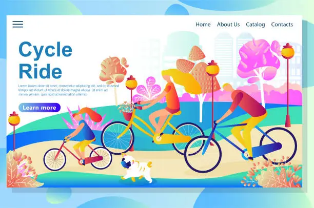 Vector illustration of Web page design template shows Family riding the bicycles in the park , having fun and walk with the little dog