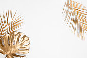 Golden tropical leaves on white background