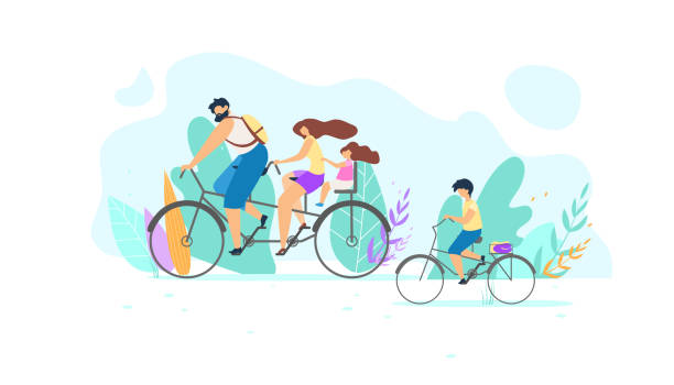 illustrazioni stock, clip art, cartoni animati e icone di tendenza di vector young family in bicicletta sulla natura piatta - people traveling journey animated cartoon mother
