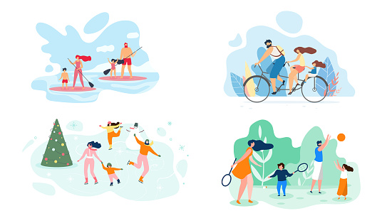 Vector Flat Illustration. Set Family Recreation Site Active Different Seasons. Summer Weekend River Whole Family in Canoeing. Winter Driving Ice Active Sports Bambinton Dad and Daughter Playing Ball